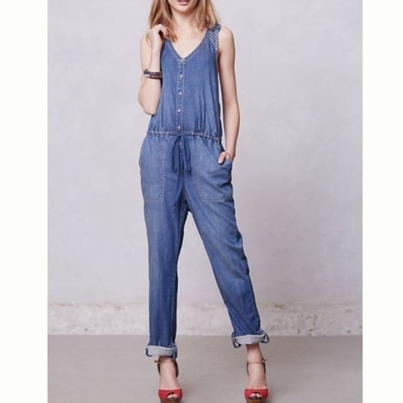 Anthropologie Holding Horses Tencel Chambray Overall Jumpsuit Women Sz 8 - Picture 12 of 12